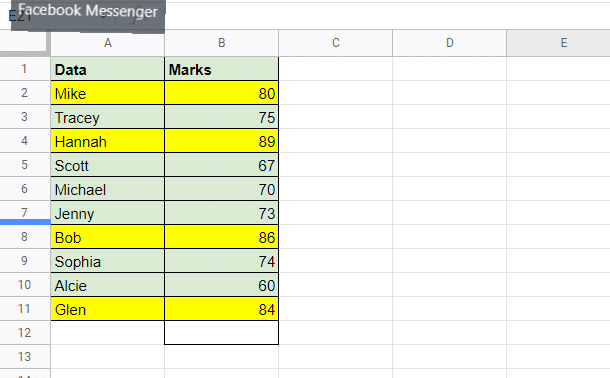 Screenshot for example spreadsheet for the sum of the marks in yellow: