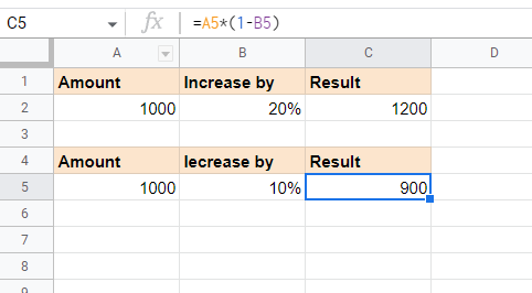 Screenshot for formula to decrease a value by a percentage 