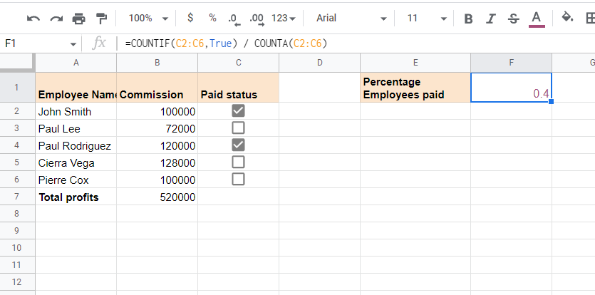 Screenshot for formula to get the percentage of checked or unchecked boxes