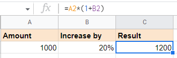 Screenshot for formula to increase a value by a percentage 