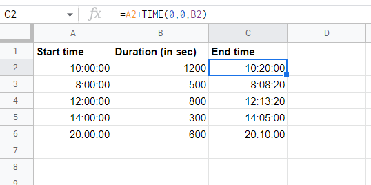 Screenshot for our example sheet for adding time using the time function