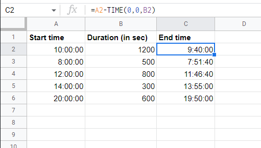 Screenshot for our example sheet for subtracting time