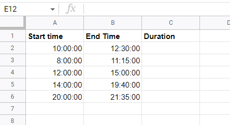 Screenshot for our example sheet for subtracting time