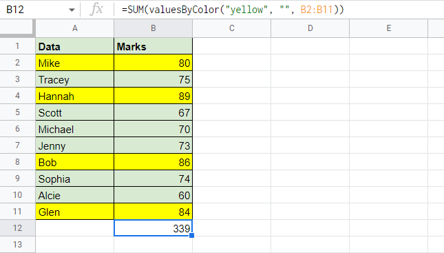 Screenshot for the results in cell B12 which is the sum of all the values in yellow