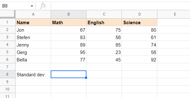 Screenshot of example sheet to find the standard dev for multiple data set