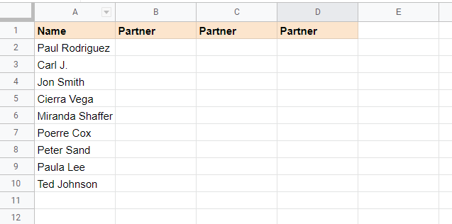 Screenshot of example spreadsheet