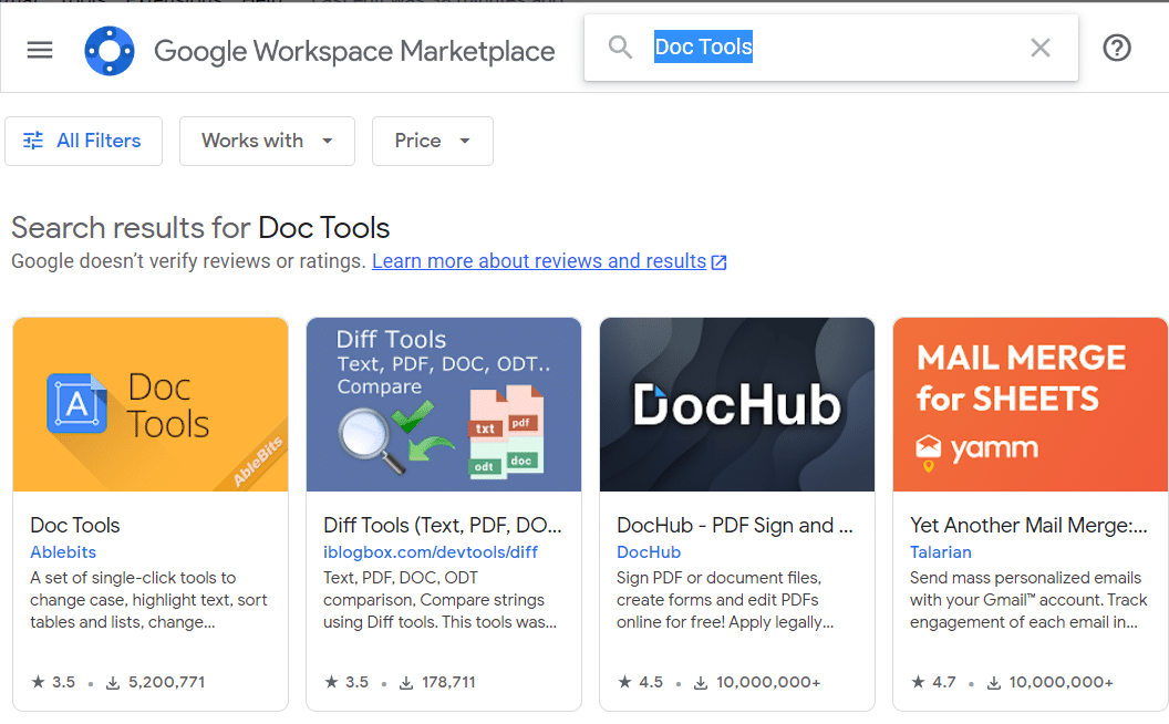 Screenshot of google workspace market place