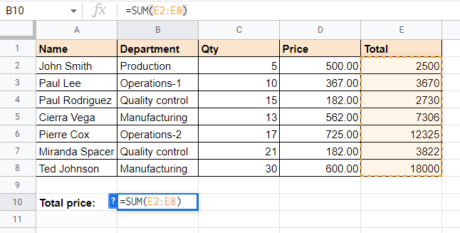 Screenshot of our example sheet for replacing a cell reference in a formula