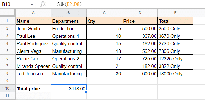 Screenshot of our example sheet for replacing a cell reference in a SUM formula