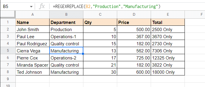 Screenshot of our example sheet for replacing TEXT USING REGEXREPLACE