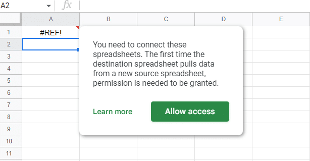 Screenshot of #REF error message which means you’ll have to Allow access.