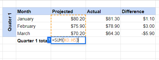 Screenshot of subtotal example