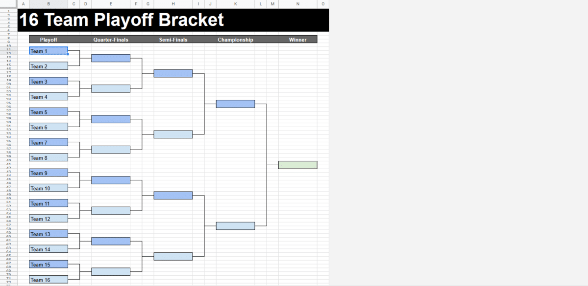 Screenshot of the 16 Team Google Sheet tournament bracket template