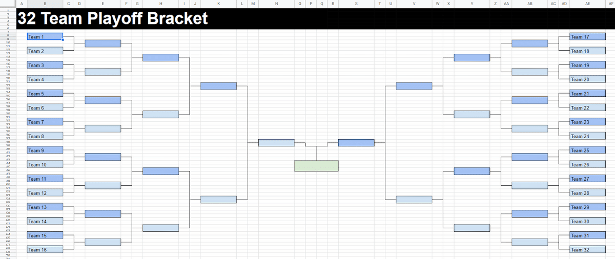 Screenshot of the 32 Team Google Sheet tournament bracket template