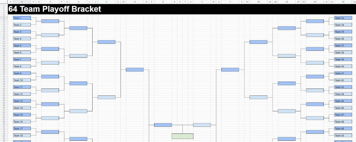 Screenshot of the 64 Team Google Sheet tournament bracket template