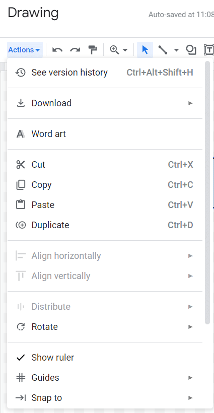 Screenshot of the Action menu in the drawing tool bar