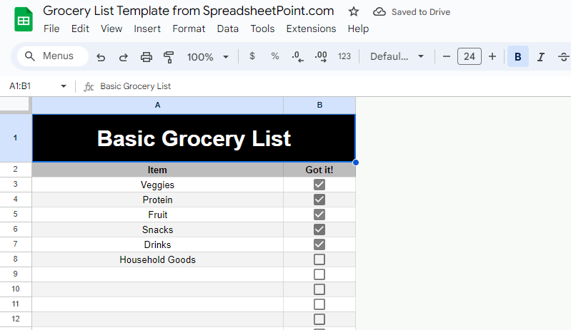 The basic Google Sheets grocery list template.