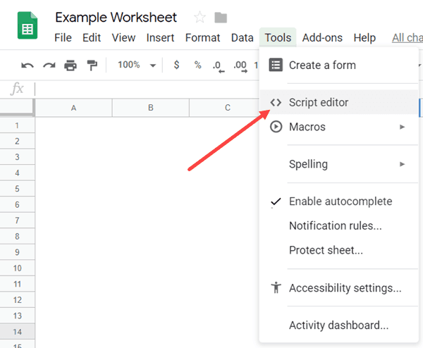 Script Editor in Tools tab in Google Sheets