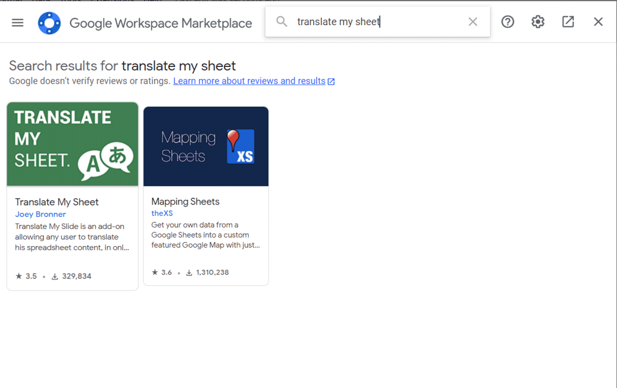 Search the Google Workspace Marketplace for a Google Sheets Translate Add-on