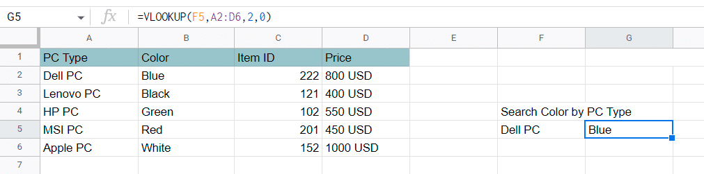 Searching computer color using VLOOKUP