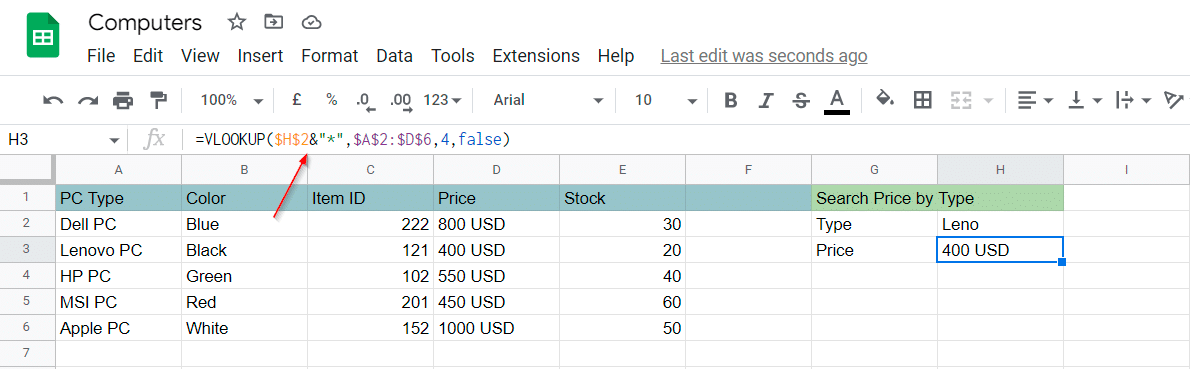 Searching price by type using the & operator