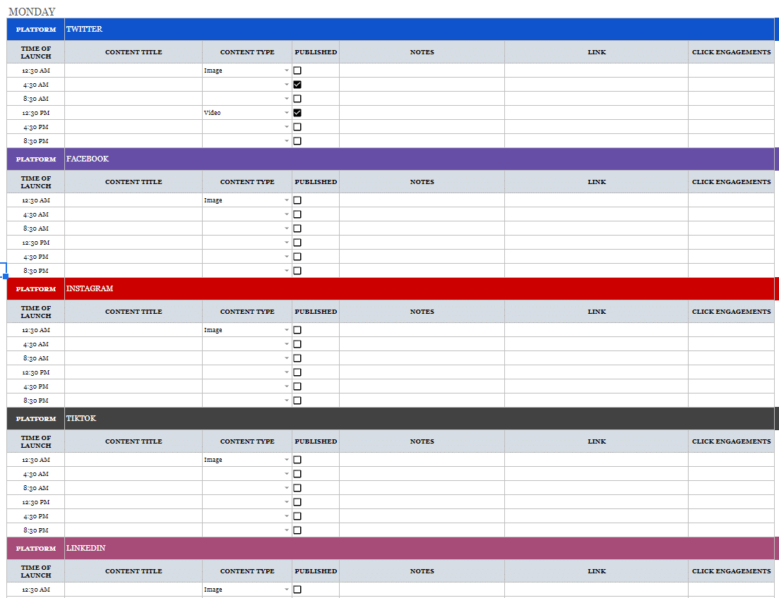 Second type of content calendar in Google Sheets