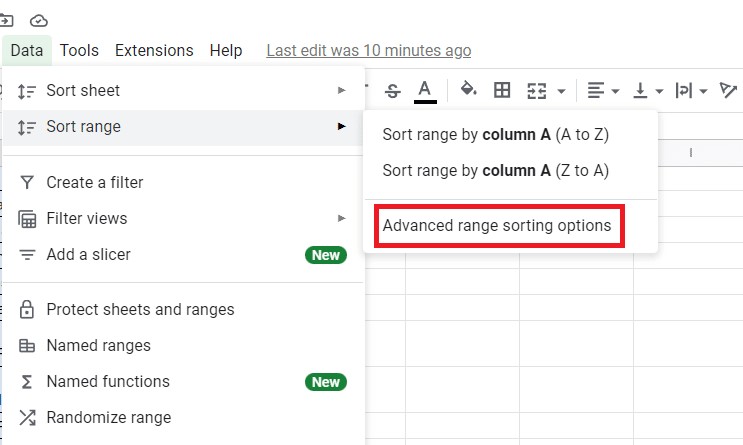 Select Advance range sorting options. A dialogue box will appear.