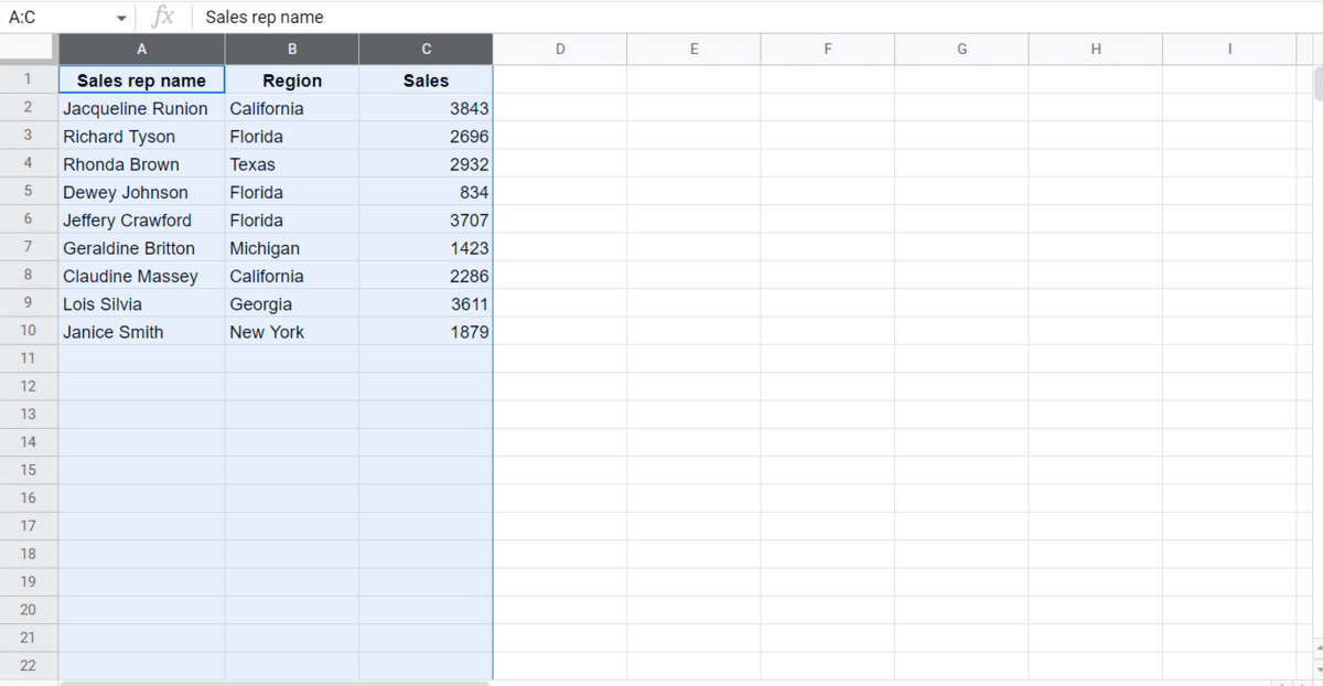 Select all the columns in your range