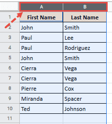 Select column headers A and B