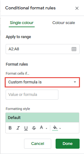 Select custom formula is