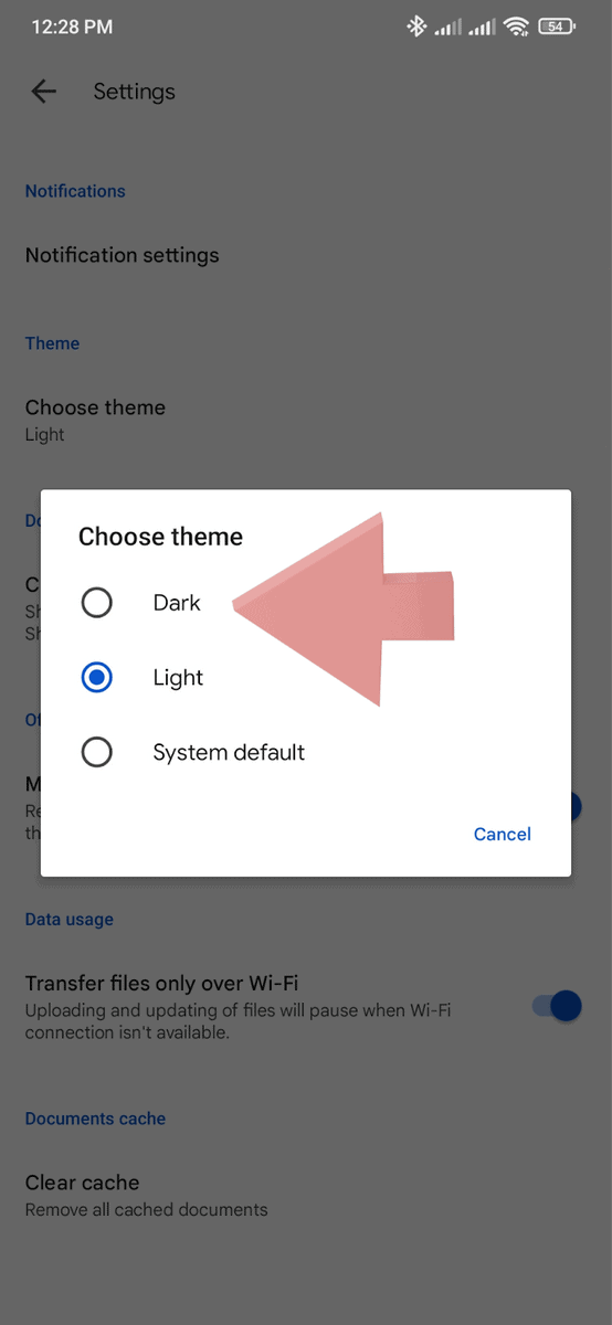 Select Dark light system default theme google sheets mobile