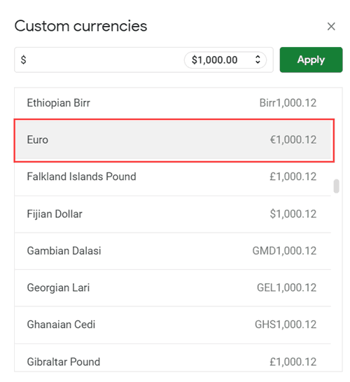 Select Euro Symbol in Custom Currency dialog box