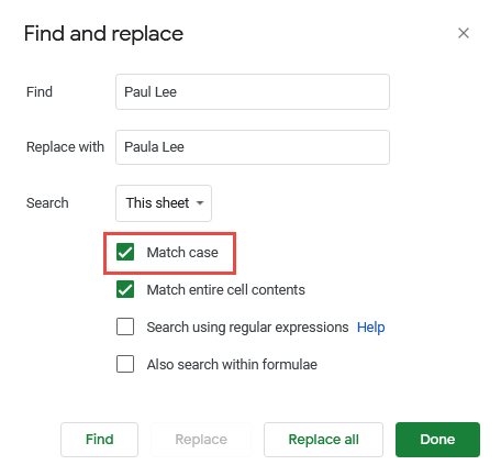 Select Match case checkbox