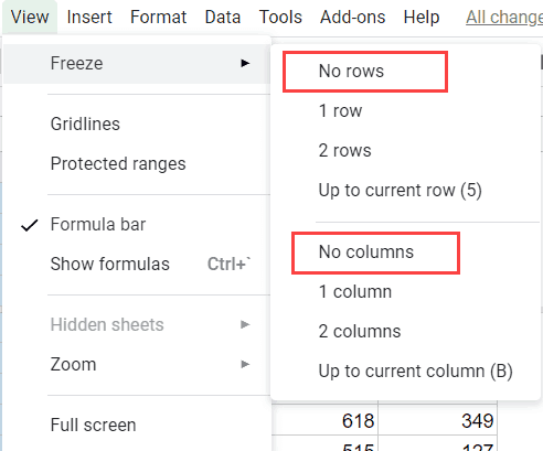 Select No row and No column to unfreeze in Google Sheets