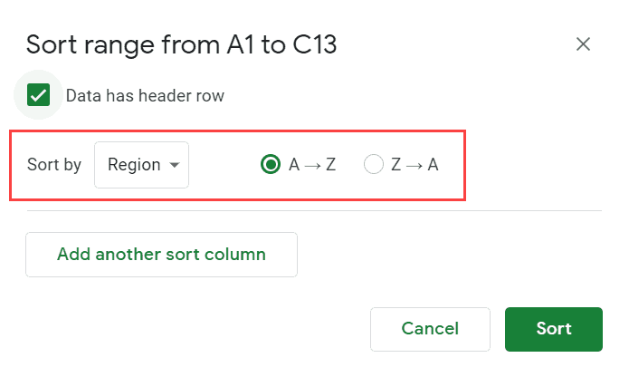 Select Region as the column and sort order