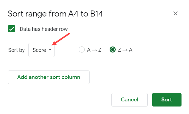 Select Score from the drop down