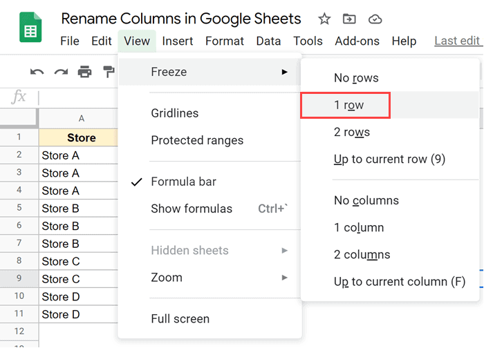 Select the 1 row to freeze the top row