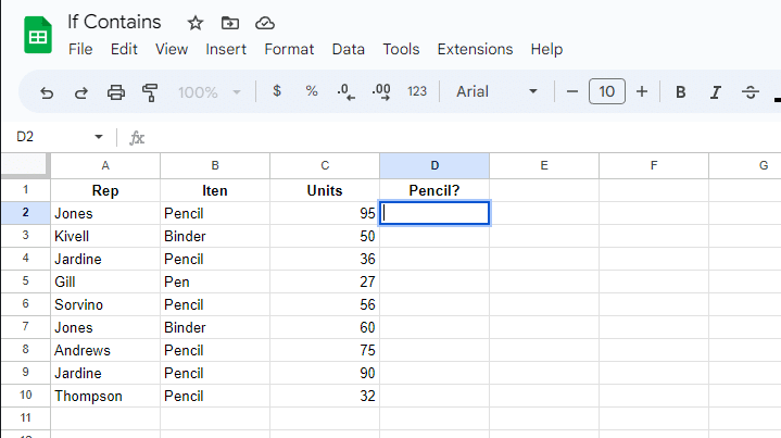 Select the cell to put the if contains formula