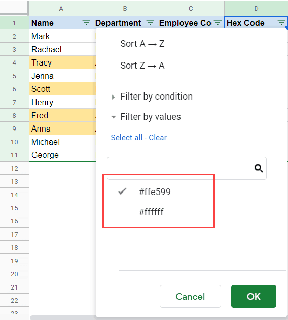 Select the color hex code based on which you want to filter in Google Sheets