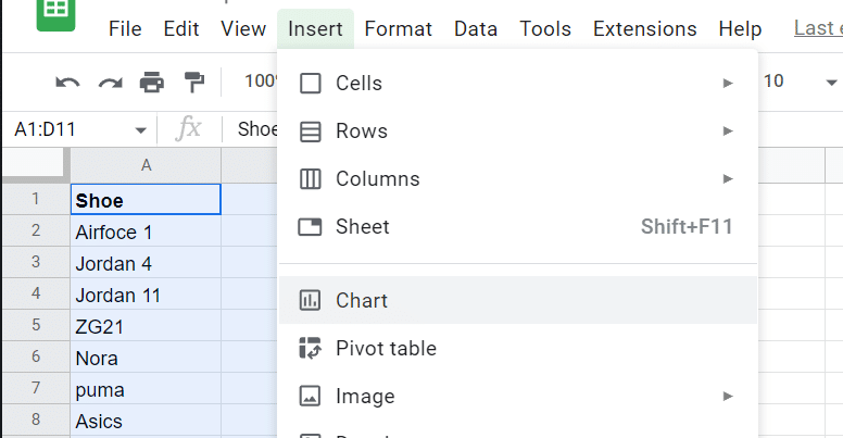 Select the data range you wish to represent. Go to insert then chart