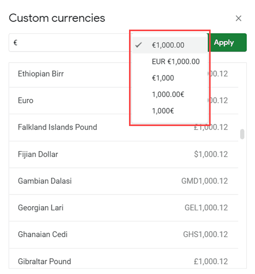 Select the format how you want to show the Euro Symbol