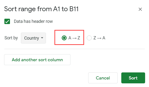 Select the sort criteria for multiple columns