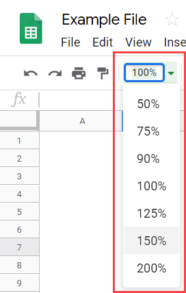 Select the Zoom level in Google Sheets