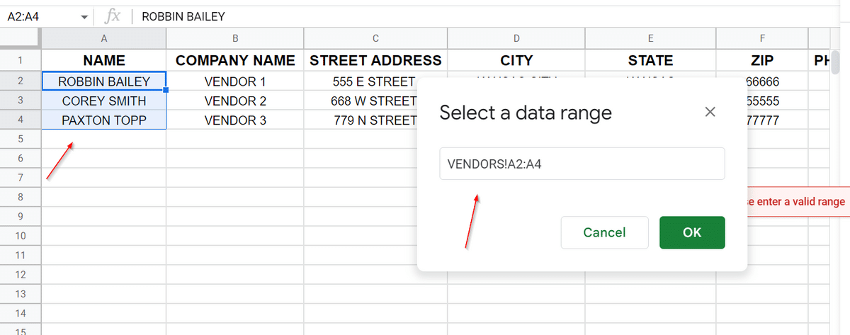 selecting range for data validation in sheets purchase order