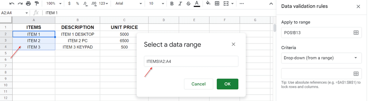 selecting range in google sheets data validation