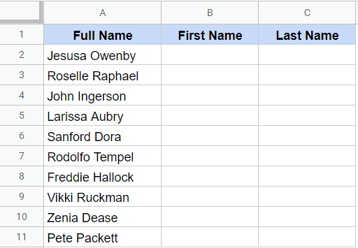 How to separate Names in Google Sheets—Sample Dataset