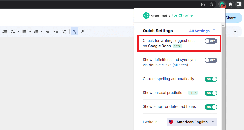 Set options for Grammarly