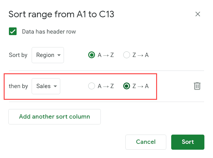 Set Sort then by settings in the sort dialog box