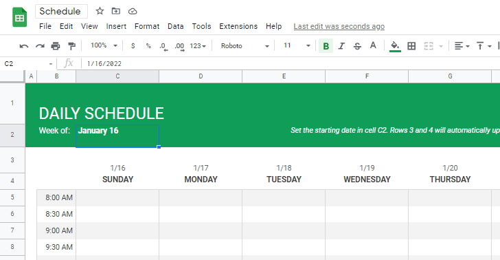 Set the schedule starting date in cell C2