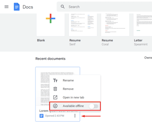 available offline toggle in google docs